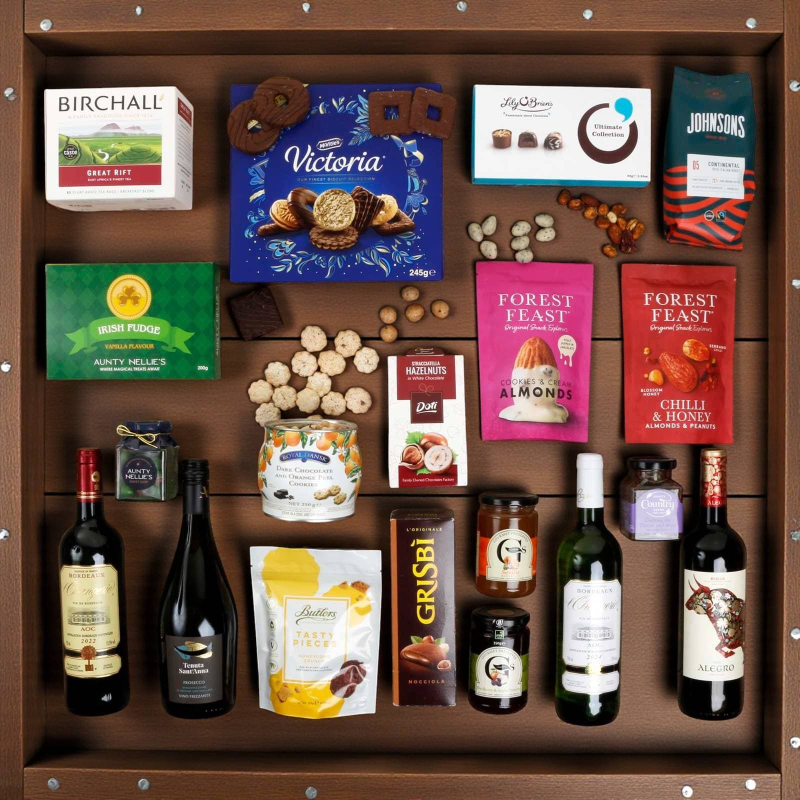 Products arranged around an open hamper box